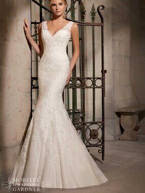 Mori Lee Chantilly Lace Mermaid Wedding Dress Venice Lace Appliqué Ivory Size 14